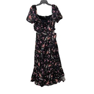 PAIGE Women's Size 12 Linh Dress Floral Smocked Black Multi Linen/Cotton Blend